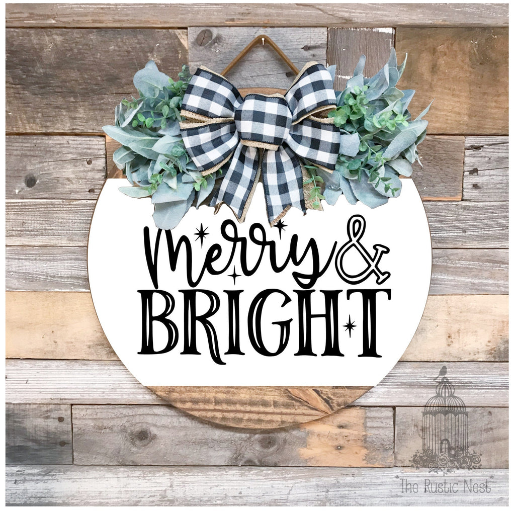 PAINTED Merry & Bright Front Door Sign | Christmas Door Hanger | Round Christmas Door Sign | Front Door Wreath | Christmas Wreath