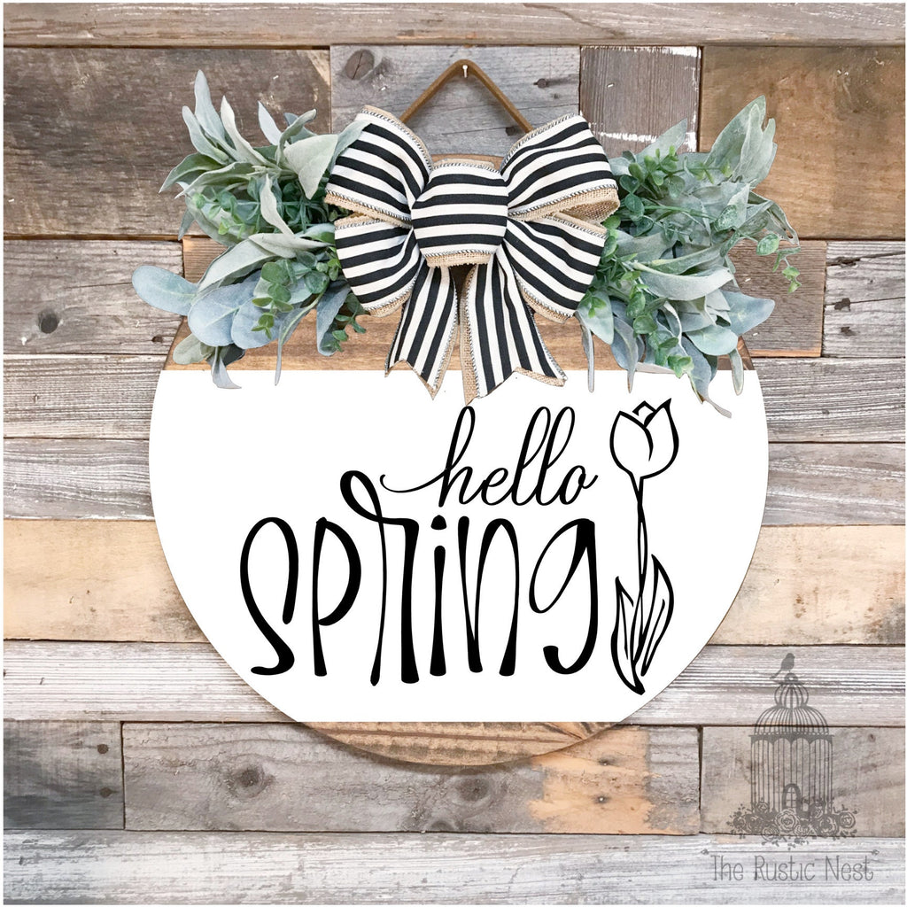 PAINTED Front Door Sign | Hello Spring Door Hanger | Round Door Hanger | Front Door Wreath | Hello Spring Sign | Spring Sign | Spring Decor