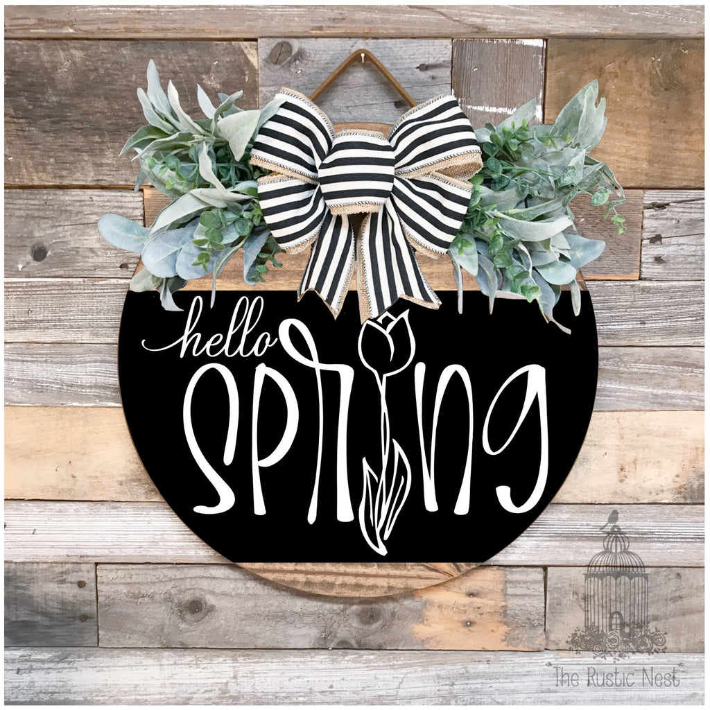 PAINTED Front Door Sign | Hello Spring Door Hanger | Round Door Hanger | Front Door Wreath | Hello Spring Sign | Spring Sign | Spring Decor