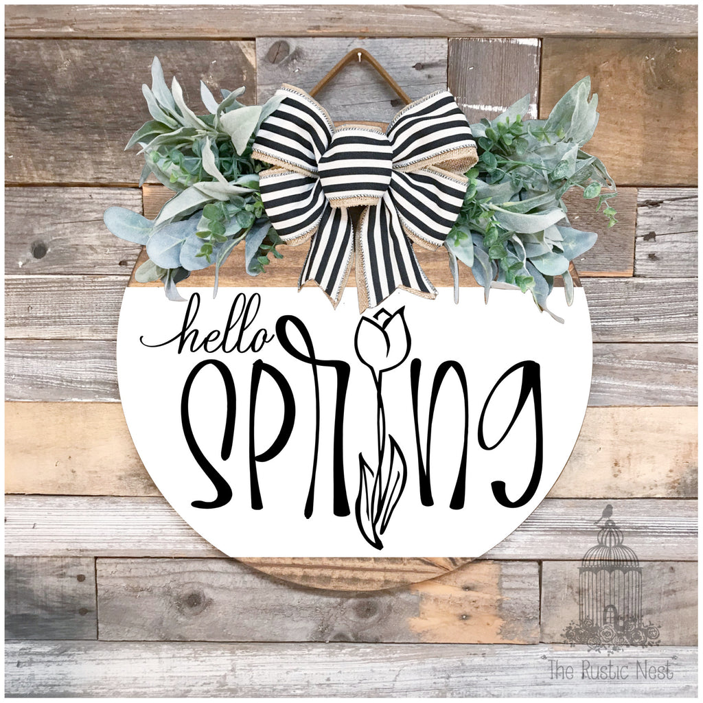 PAINTED Front Door Sign | Hello Spring Door Hanger | Round Door Hanger | Front Door Wreath | Hello Spring Sign | Spring Sign | Spring Decor