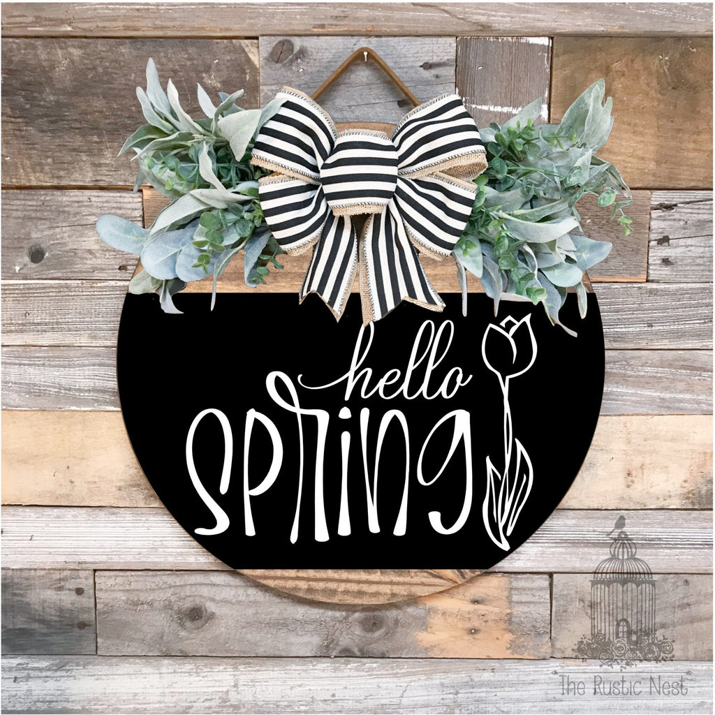 PAINTED Front Door Sign | Hello Spring Door Hanger | Round Door Hanger | Front Door Wreath | Hello Spring Sign | Spring Sign | Spring Decor