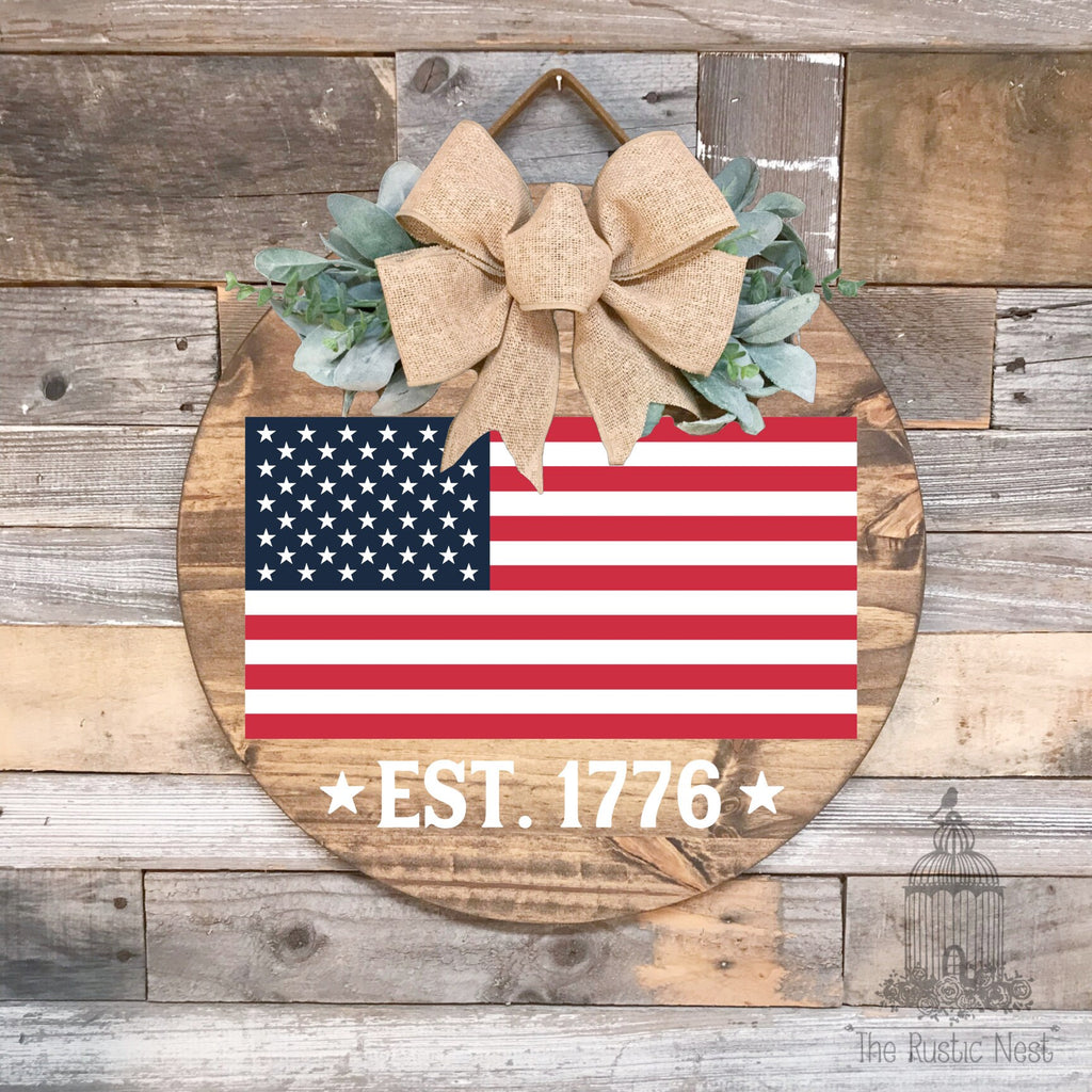 PAINTED Front Door Sign | American Flag Door Sign | Fourth of July Front Door Sign | God Bless America | Est. 1776 | Patriotic Front Door