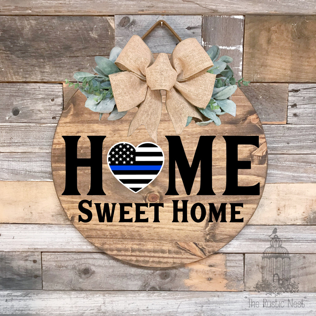 PAINTED Front Door Sign | Thin Blue Line Front Door Sign | Thin Blue Line Flag | Blessed are the Peacemakers | Home Sweet Home Door Hanger