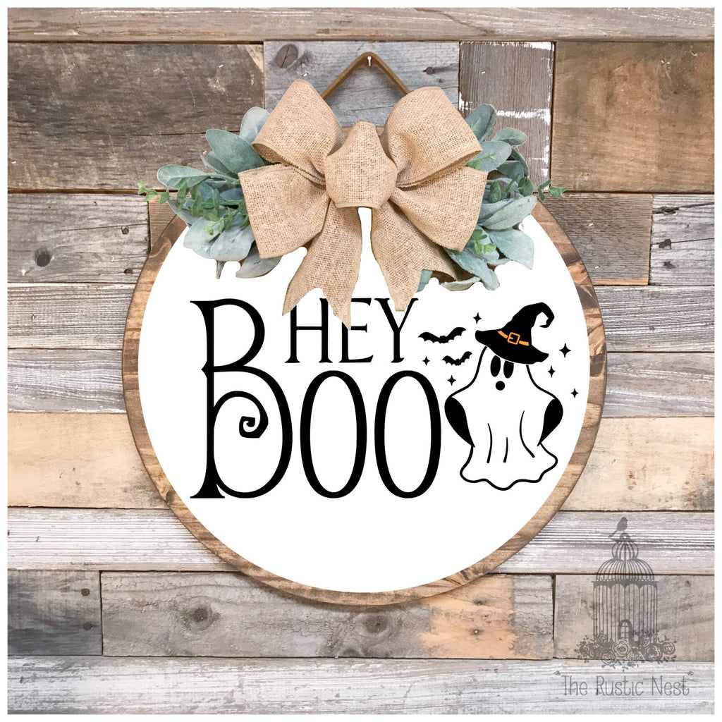 Halloween Front Door Sign | Hey Boo Front Door Sign | Hey Boo Sign | Wreath Sign | Ghost Sign | Halloween Ghost Sign | Round Halloween Sign