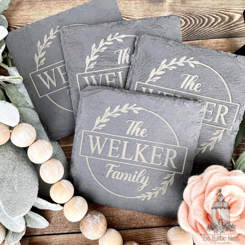 Set of 4 Slate Drink Coasters | Engraved Coasters | Custom Wedding Gift | Personalized Housewarming Gift Set | Monogram Stone Coasters