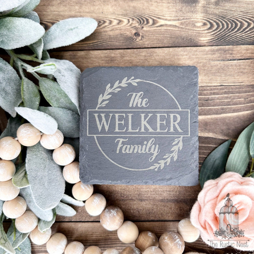 Set of 4 Slate Drink Coasters | Engraved Coasters | Custom Wedding Gift | Personalized Housewarming Gift Set | Monogram Stone Coasters