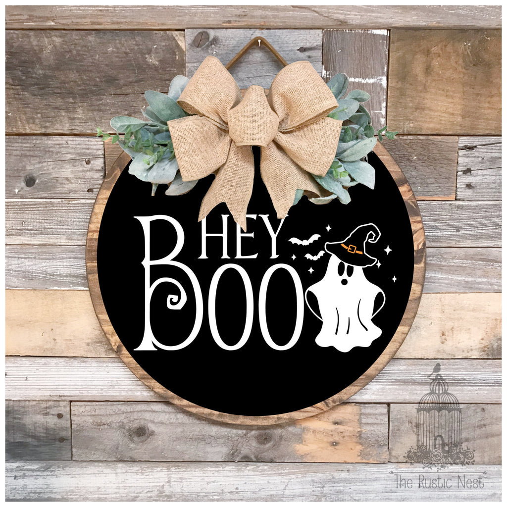 Halloween Front Door Sign | Hey Boo Front Door Sign | Hey Boo Sign | Wreath Sign | Ghost Sign | Halloween Ghost Sign | Round Halloween Sign