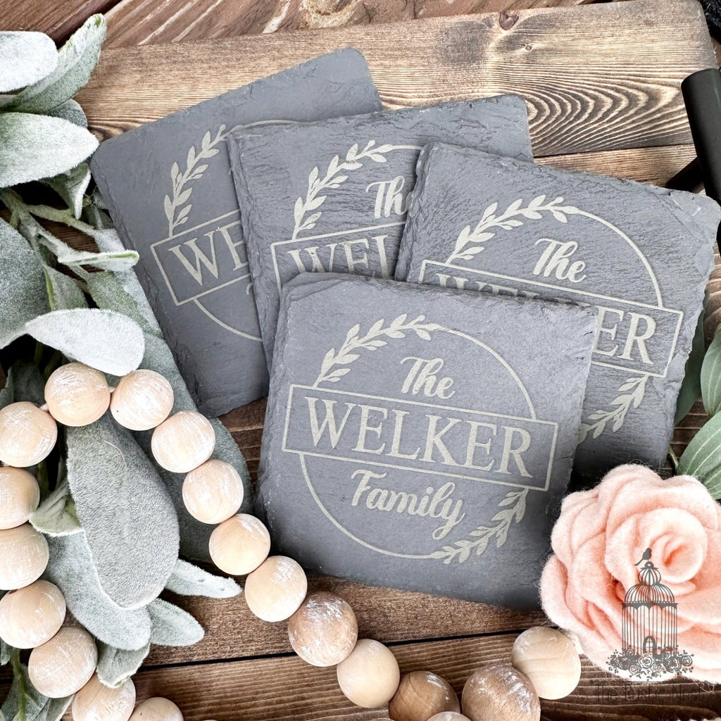 Set of 4 Slate Drink Coasters | Engraved Coasters | Custom Wedding Gift | Personalized Housewarming Gift Set | Monogram Stone Coasters