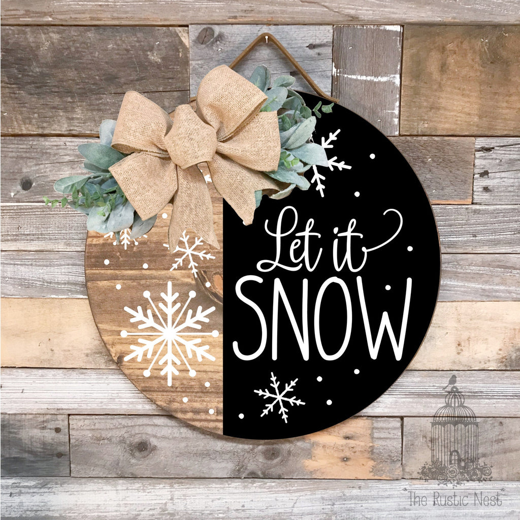 PAINTED Let it Snow Front Door Sign | Winter Door Sign | Round Winter Door Hanger | Winter Wreath | Snowflake Door Hanger | Snowflake Sign