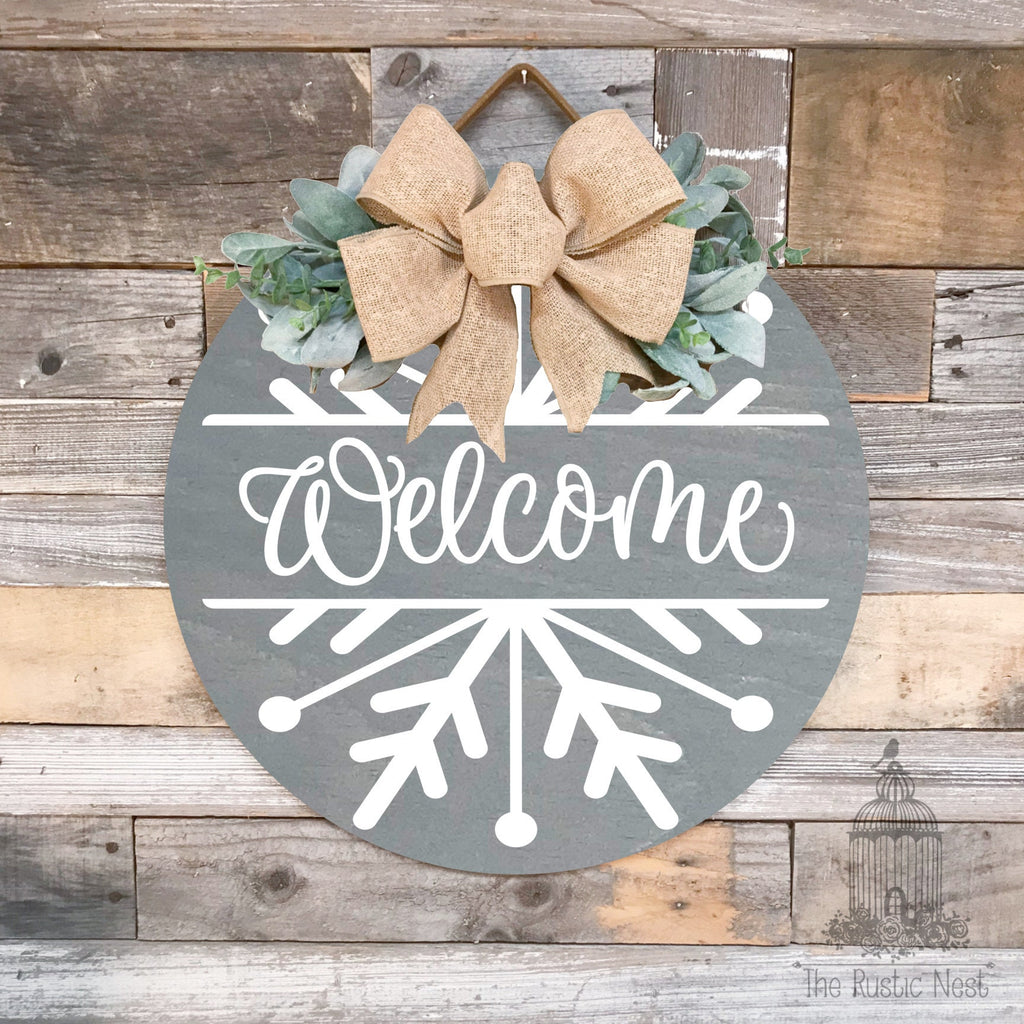 PAINTED Welcome Snowflake Door Sign | Christmas Door Sign | Round Winter Door Sign | Front Door Wreath | Door Hanger | Winter Wreath