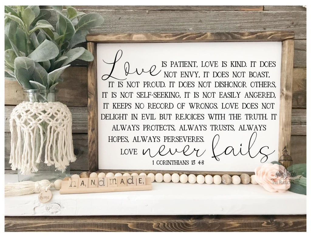 Love is Patient Love is Kind | Love Never Fails | 1 Corinthians 13 | Master Bedroom Sign | Over the Bed Sign | Scripture Sign