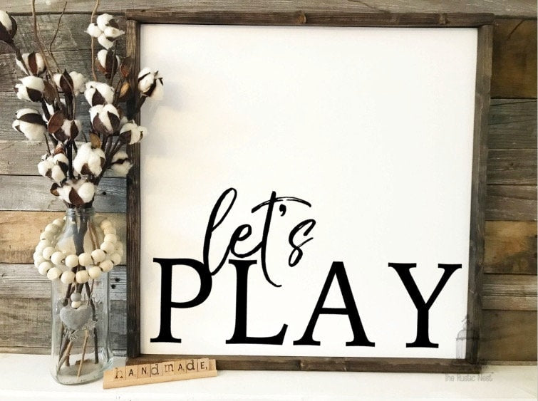 Let's Play Sign | Playroom Sign, Classroom Sign | Playroom Decor | Classroom Decor | Felt Ball Garland (24" x 24") TRN09