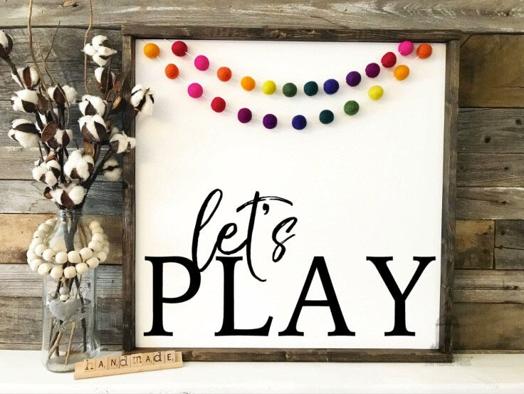 Let's Play Sign | Playroom Sign, Classroom Sign | Playroom Decor | Classroom Decor | Felt Ball Garland (24" x 24") TRN09