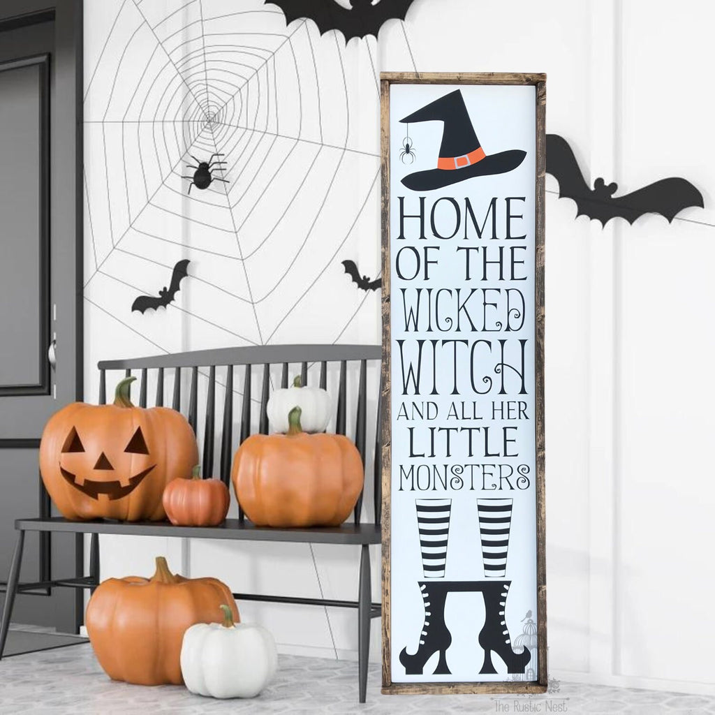 Home of the Wicked Witch and all her little Monsters Halloween Sign Porch Sign| Halloween Porch Sign | Halloween Porch Decor (48" x 12.5")