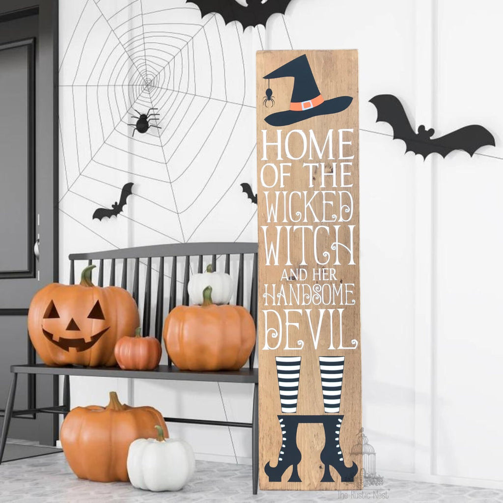 Home of the Wicked Witch and her handsome Devil Halloween Sign Porch Sign| Halloween Porch Sign | Halloween Porch Decor (48" x 11.25")
