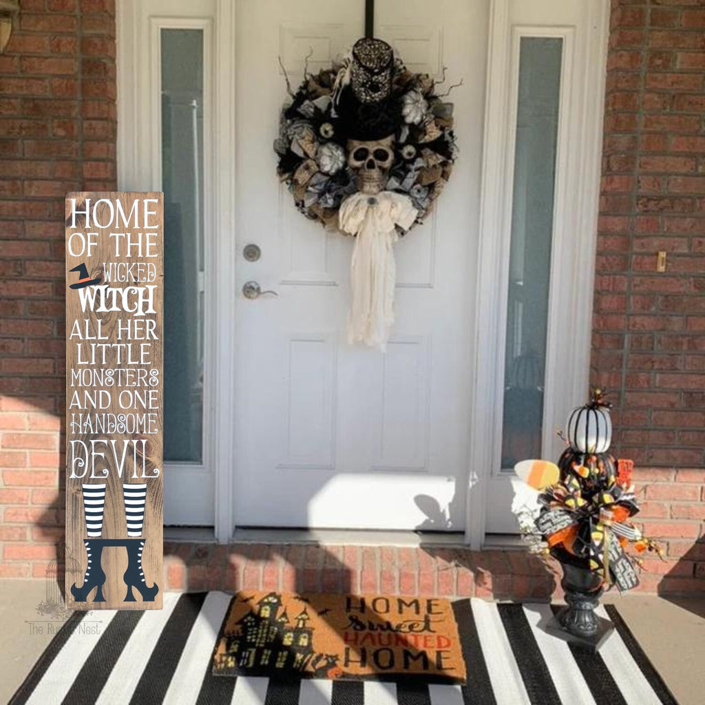 Home of the Wicked Witch all her little Monsters and one Handsome Devil Halloween Sign Porch Sign| Halloween Porch Sign (48" x 11.25")