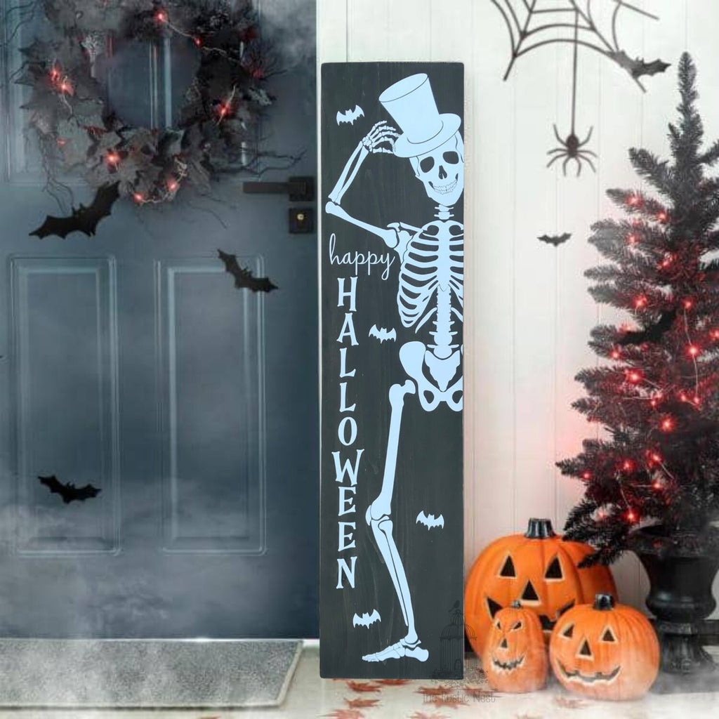 Skeleton Porch Sign | Happy Halloween Porch Sign | Halloween Skeleton Porch Sign | Skeleton Sign | Halloween Porch Sign (48" x 11.25")