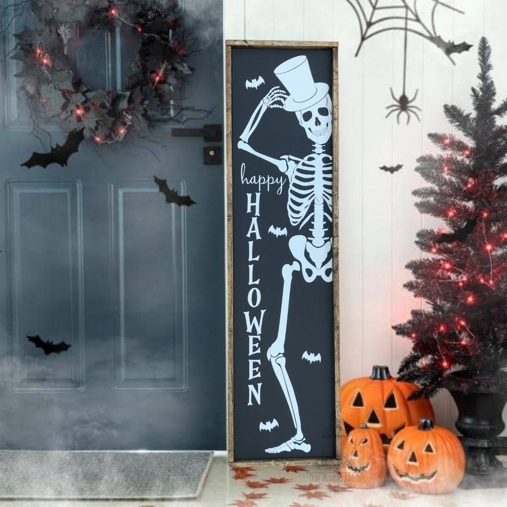Skeleton Porch Sign | Happy Halloween Porch Sign | Halloween Skeleton Porch Sign | Skeleton Sign | Halloween Porch Sign (48" x 12.5")