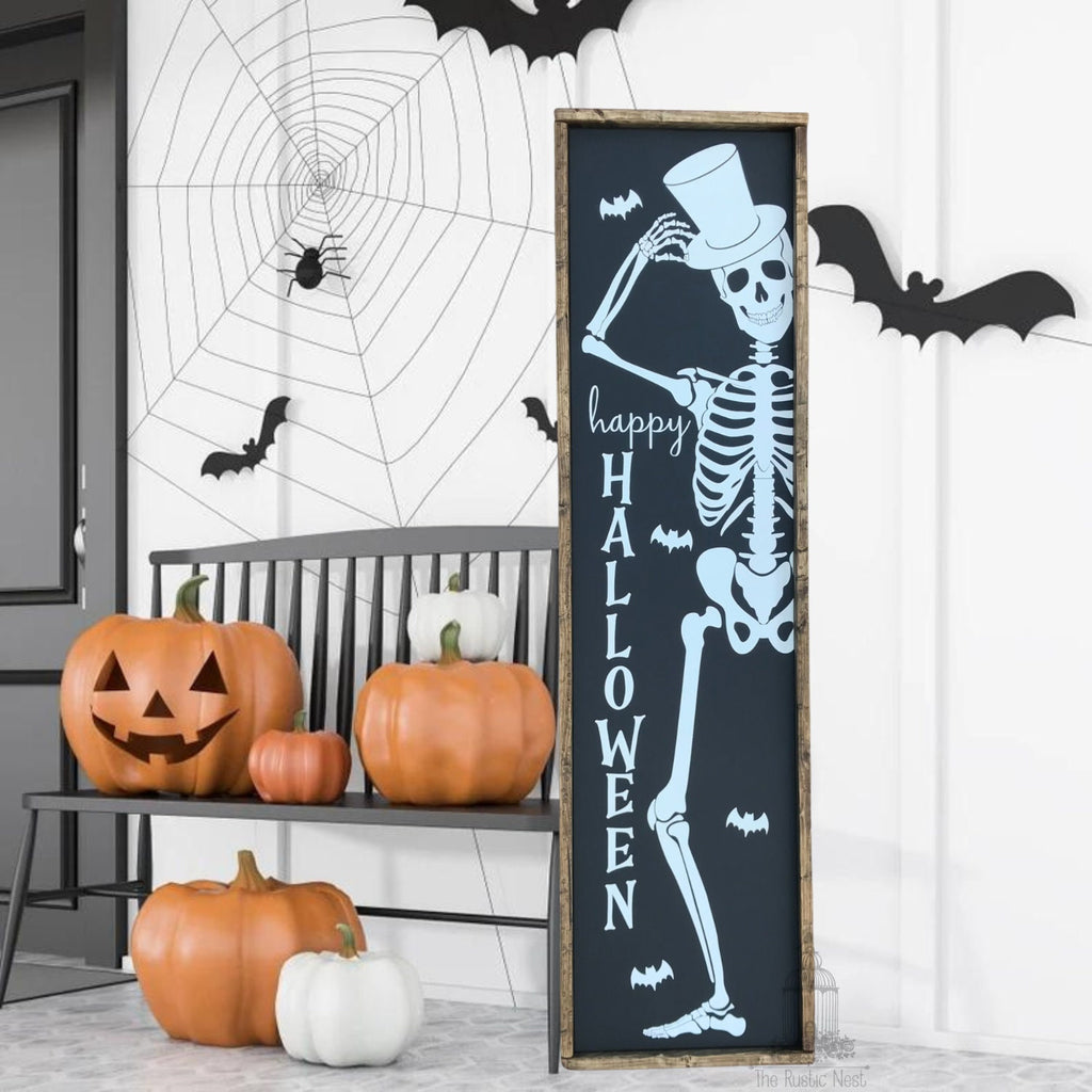 Skeleton Porch Sign | Happy Halloween Porch Sign | Halloween Skeleton Porch Sign | Skeleton Sign | Halloween Porch Sign (48" x 12.5")