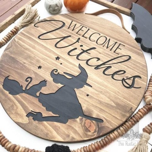 Halloween Front Door Sign | Engraved Halloween Sign | Welcome Witches Front Door Sign | Hello Witches | Round Sign