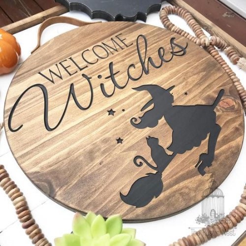 Halloween Front Door Sign | Engraved Halloween Sign | Welcome Witches Front Door Sign | Hello Witches | Round Sign