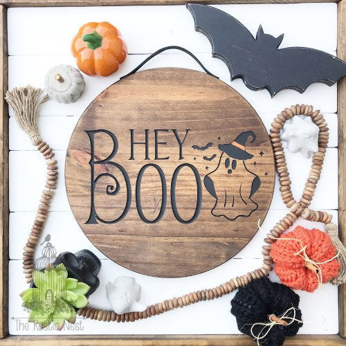 Halloween Front Door Sign | Engraved Halloween Sign | Hey Boo Front Door Sign | Hey Boo Sign | Round Sign