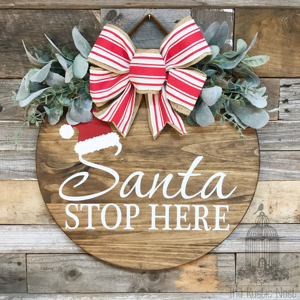 PAINTED Santa Stop Here Door Sign | Christmas Door Hanger | Round Christmas Door Hanger | Front Door Wreath | Christmas Wreath | Door Sign
