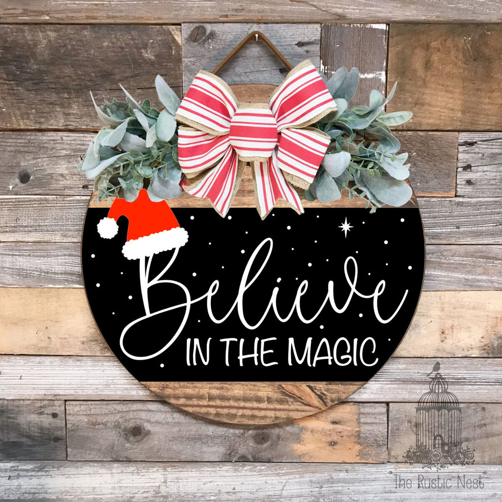 PAINTED Believe in the Magic Door Sign | Christmas Door Hanger | Round Christmas Sign | Front Door Wreath | Christmas Wreath | Door Sign