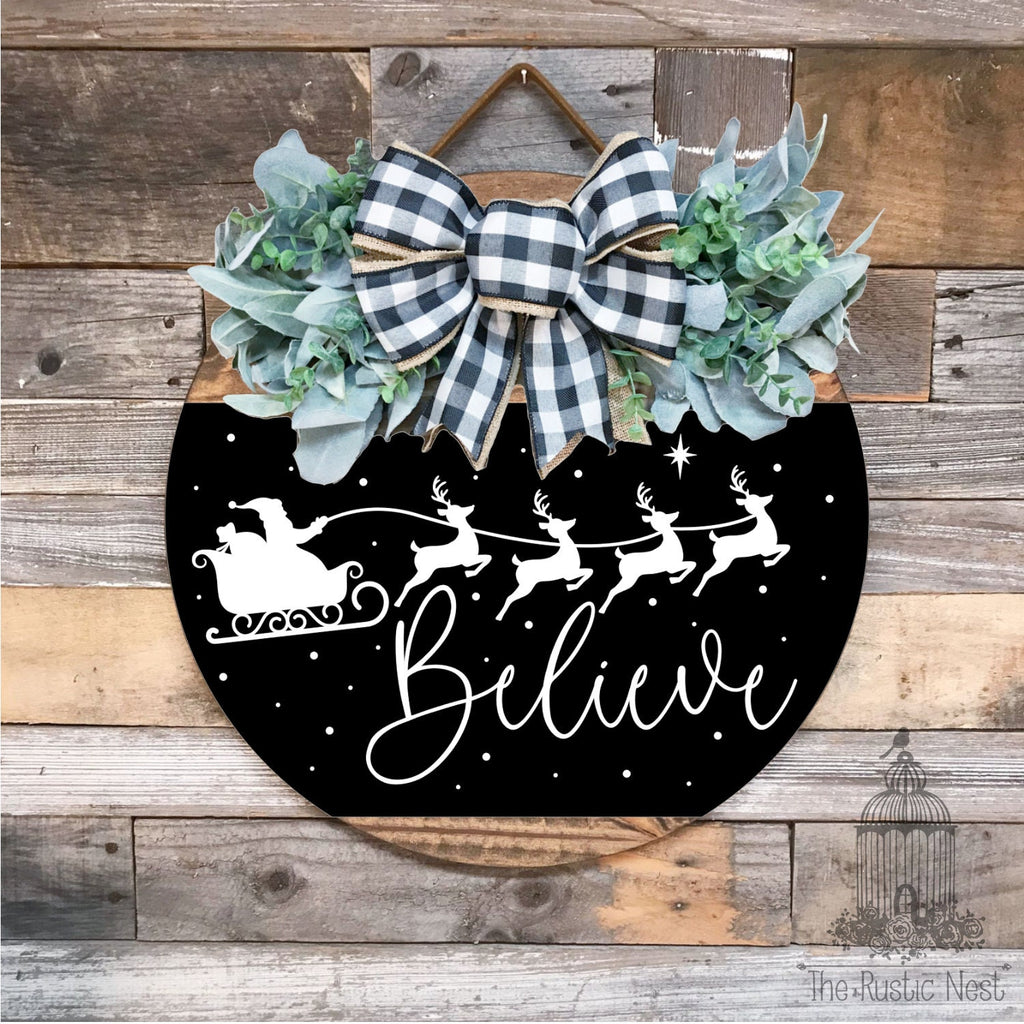 PAINTED Believe Door Sign | Christmas Door Hanger | Round Sign | Front Door Wreath | Christmas Wreath | Door Sign | Believe Christmas Sign