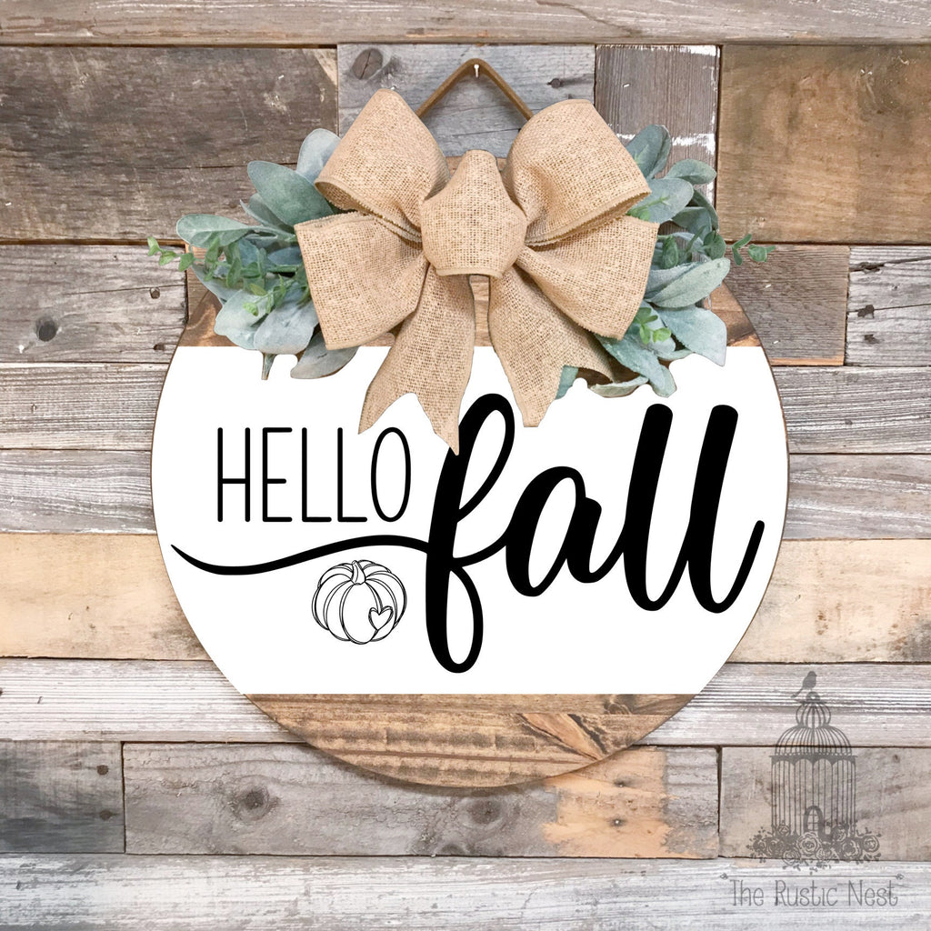 PAINTED Fall Front Door Sign | Hello Fall Door Sign | Fall Door Hanger | Round Fall Door Hanger | Fall Front Door Wreath | Fall Wreath Sign