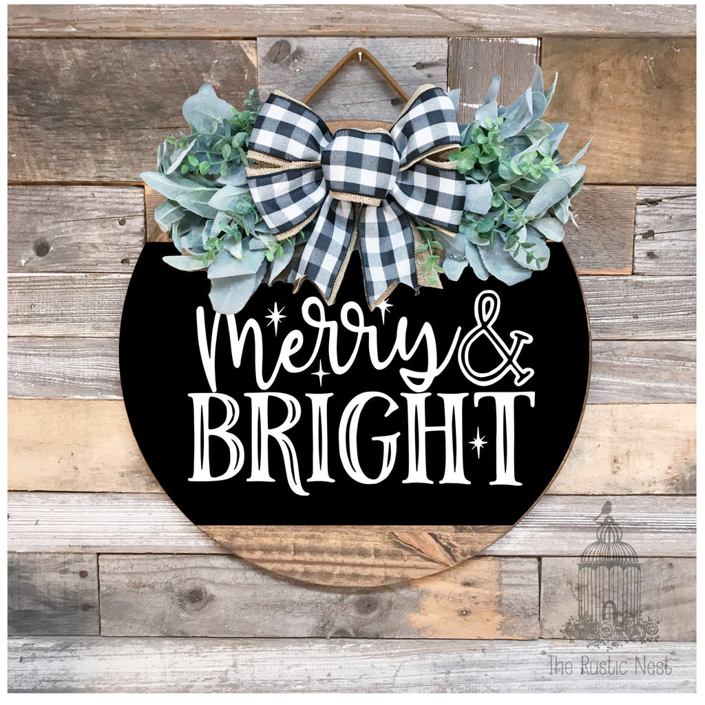 PAINTED Merry & Bright Front Door Sign | Christmas Door Hanger | Round Christmas Door Sign | Front Door Wreath | Christmas Wreath