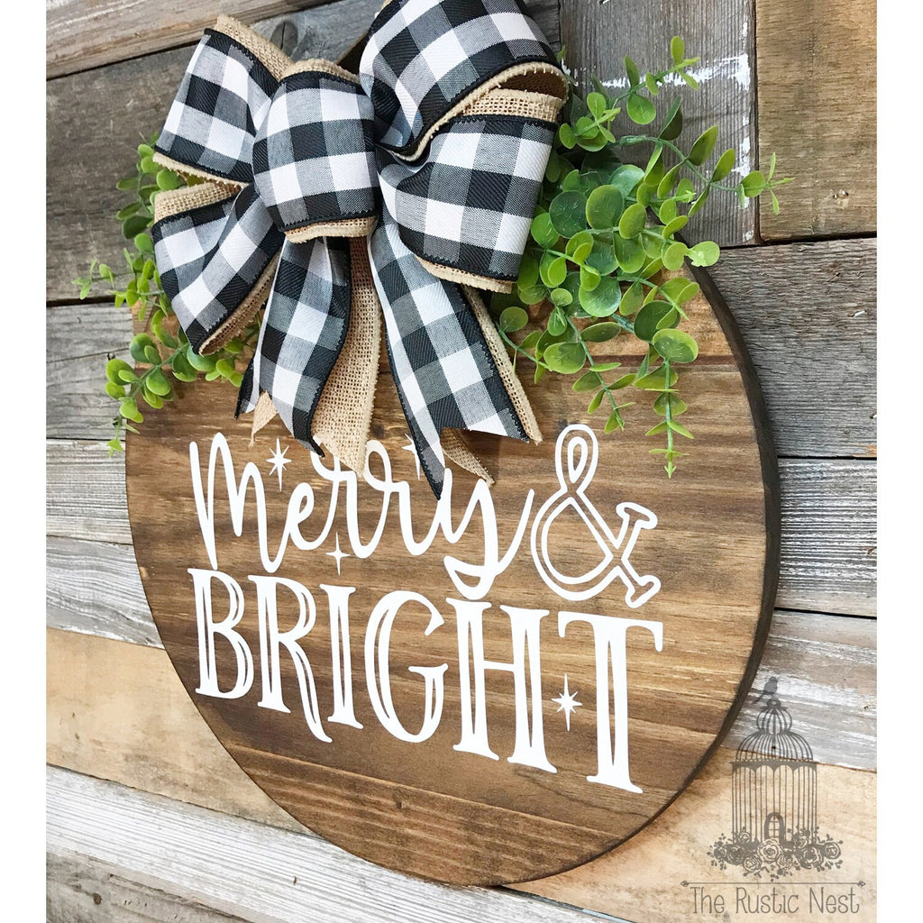 PAINTED Merry & Bright Front Door Sign | Christmas Door Hanger | Round Christmas Door Sign | Front Door Wreath | Christmas Wreath