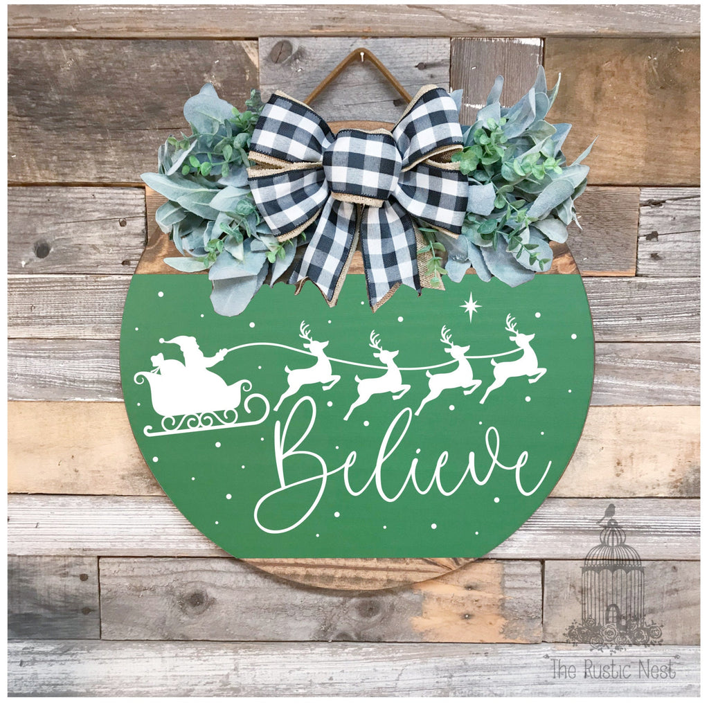 PAINTED Believe Door Sign | Christmas Door Hanger | Round Sign | Front Door Wreath | Christmas Wreath | Door Sign | Believe Christmas Sign